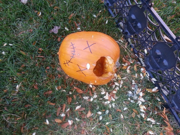Oh dear!  This pumpkin now has a big hole in his head and his brain is scattered all over the lawn!